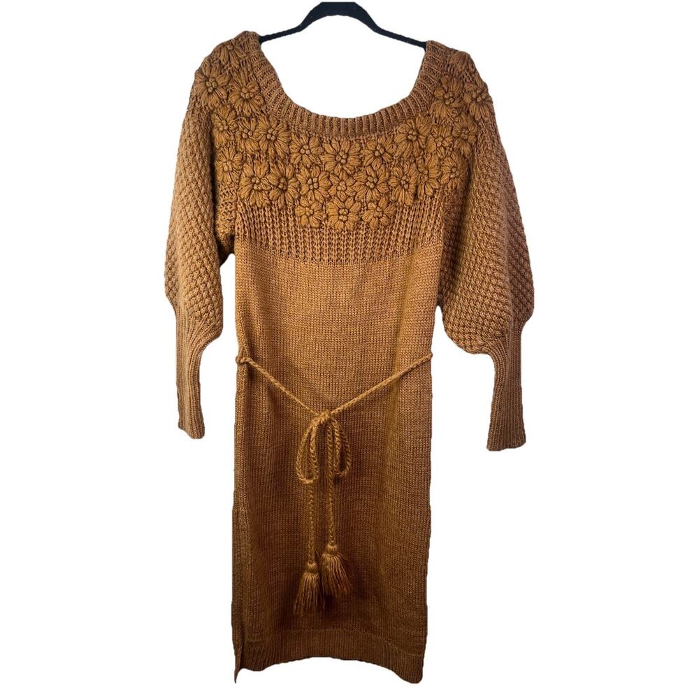 Anthropologie Avantlook Brown Balloon Long Sleeve Crochet Midi Dress XS Stretch